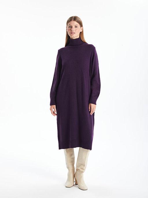 Bal?k?? Yaka D?z Uzun Kollu Oversize Kad?n Triko Elbise