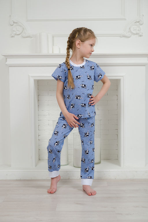 Пижама детская из футболки и брюк из кулирки Коровы голубой - Амадэль фото 6