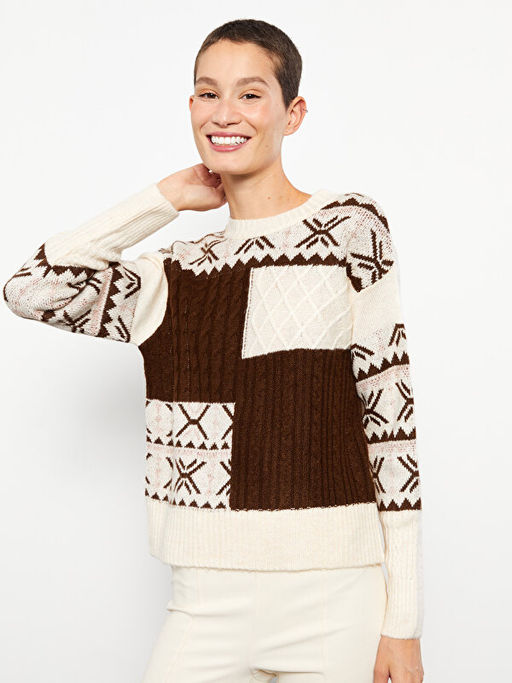 Bisiklet Yaka Desenli Uzun Kollu Kad?n Triko Kazak