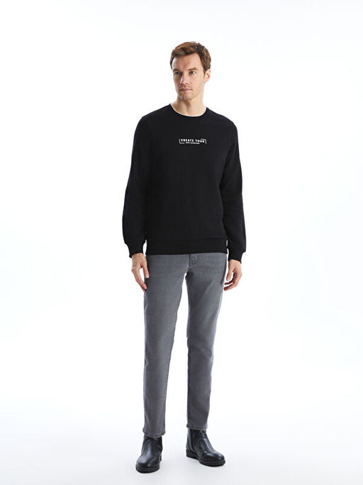 Bisiklet Yaka Bask?l? Erkek Kal?n Sweatshirt