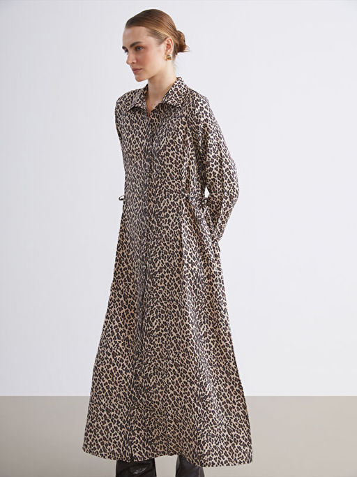 Modal Kar???ml? Leopar Desenli G?mlek Elbise