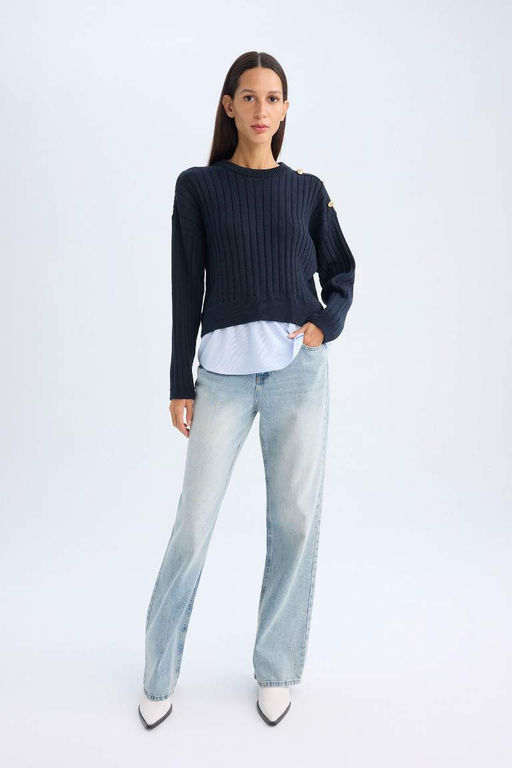 Женский темно-синий свитер в рубчик свободного кроя с круглым вырезом и подола - Defacto фото 2
