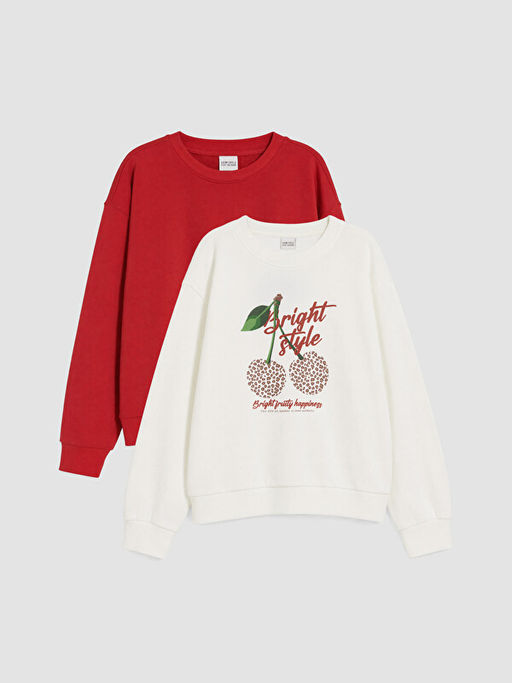 Bisiklet Yaka Bask?l? K?z ?ocuk 2li Sweatshirt