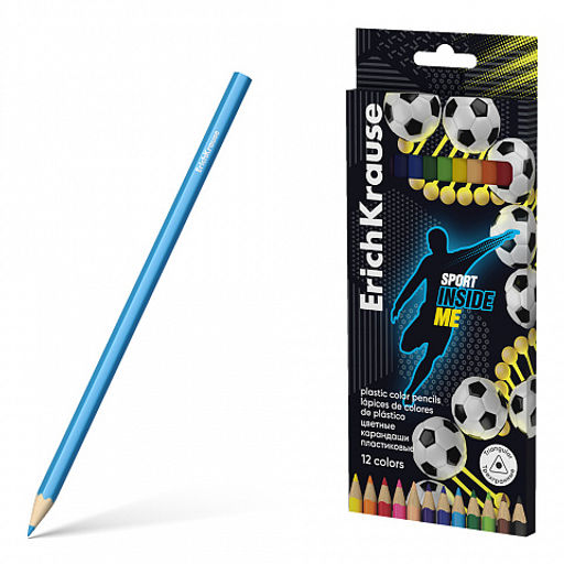 Цена за 10 шт. Цветные карандаши пластиковые ErichKrause Sport DNA трехгранные 12 цветов (в коробке с европодвесом 12 шт)
