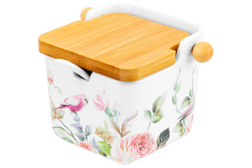 Банка д/сыпучих продуктов 250 мл 12*9,5*9 см Певчие птички+ложка+откидная бамбук.крыш (без золота) - Elan gallery фото 12