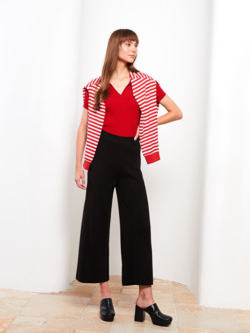 Kad?n Beli Lastikli D?z Triko Pantolon