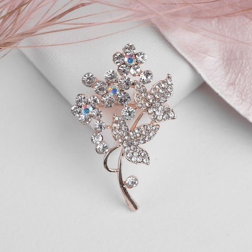 Брошь «Цветочная веточка», белая в золоте