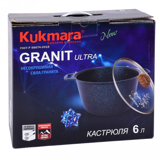 Кастрюля с антипригарным покрытием 6л, д28см "Granit Ultra", h15,5см, стеклянная жаропрочная крышка, ручка из термостойкого пластика, голубой гранит (Россия) - можно использовать металлические кухонные принадлежности