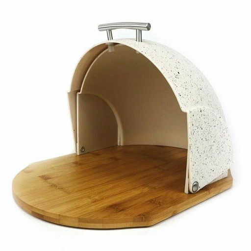 Хлебница "Kelli" 37х26,5х20,5см, пластиковый корпус, бамбуковое основание для нарезки, металлическая ручка, кремовый, с мраморными вкраплениями (Китай)