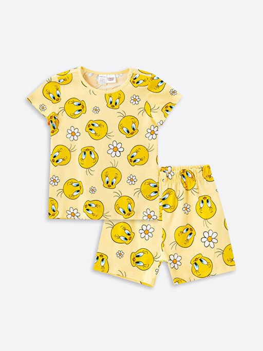 Bisiklet Yaka Tweety Bask?l? K?z Bebek ?ortlu Pijama Tak?m?