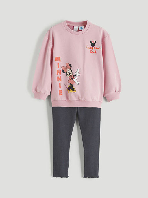 Bisiklet Yaka Minnie Mouse Bask?l? K?z Bebek Sweatshirt ve Tayt