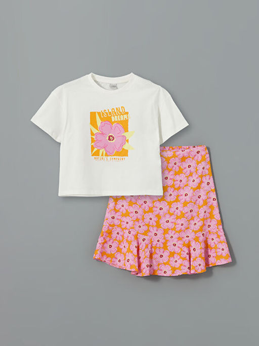 Bisiklet Yaka ?i?ekli K?z ?ocuk Ti??rt ve Etek