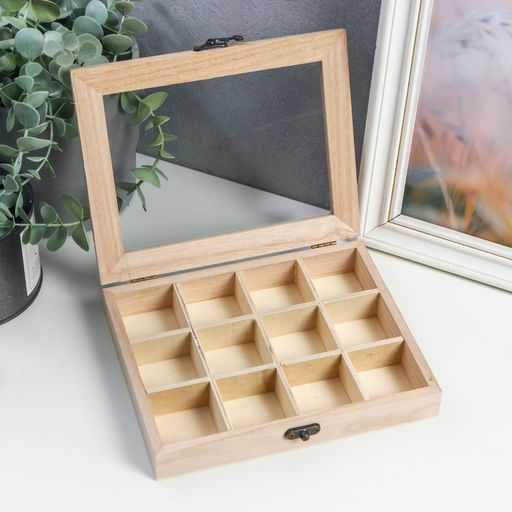 Шкатулка для росписи дерево «Прямоугольная со стеклянной вставкой», для творчества, декора, 12 отделений, 3.5×19×15 см