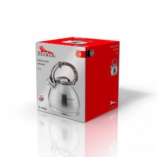 Чайник из нержавеющей стали "Zeidan" 3л, со свистком, фиксированная комбинированная ручка, курковый механизм, 3-х капсулированное индукционное дно, матовая полировка корпуса, подарочная коробка (Китай) Подходит для всех видов плит, включая индукционн