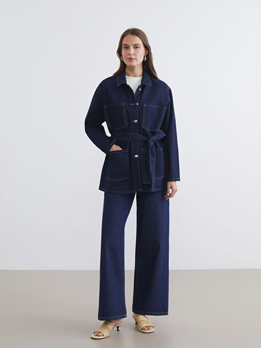 G?mlek Yaka Beli Ku?akl? Kad?n Jean Ceket