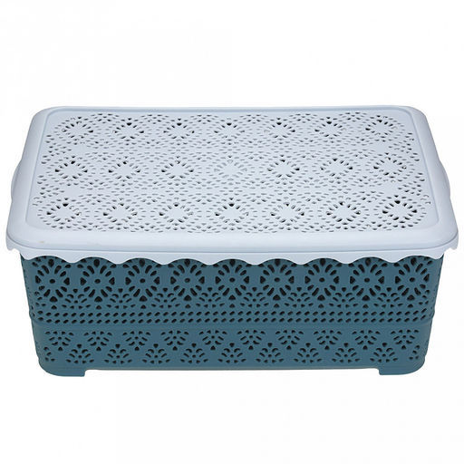 "Домашняя мода" Корзина пластмассовая для хранения "Вышивка" 34х25см h12,5см, матовый пластик, с серой крышкой, с ручками, синий (Китай)