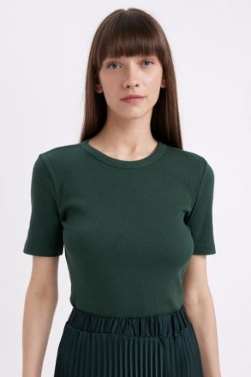 Slim Fit Dar Kesim Bisiklet Yaka Fitilli Kaskorse Basic Duz K?sa Kollu Tisort