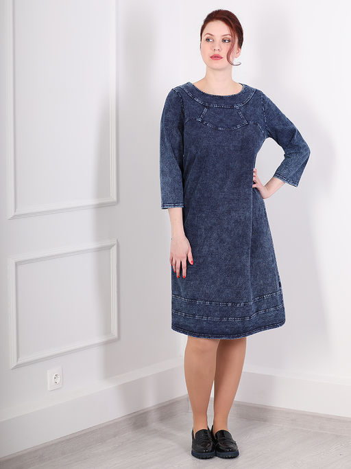 Платье джинсовое прямое миди с укороченным рукавом - Almond фото 2