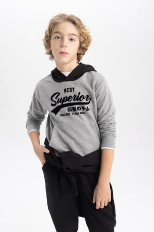 Erkek Cocuk Bask?l? Kapusonlu Kal?n Sweatshirt