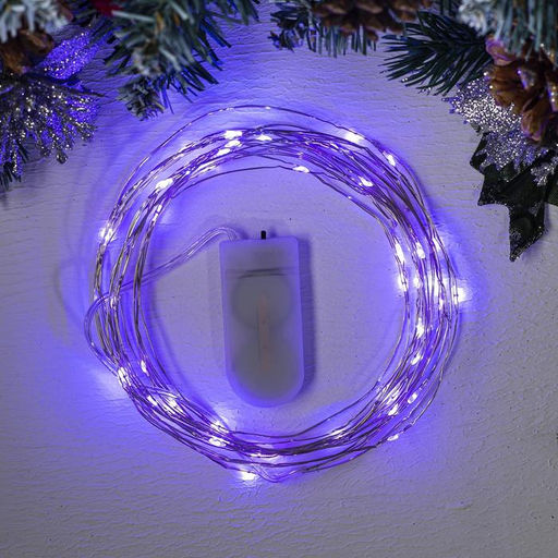 Гирлянда «Нить» 5 м роса, IP20, серебристая нить, 50 LED, батарейки CR2032×2 (в комплекте), свечение фиолетовое