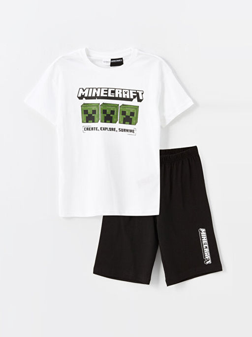 Bisiklet Yaka Minecraft Bask?l? Erkek ?ocuk ?ortlu Pijama Tak?m?