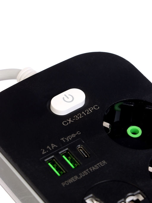 Удлинитель сетевой, 5 розеток (3 евро + 2 универсальные), 2 м, 1300 Вт, 3×0.75 мм2, 2 USB-A, USB-C, 2.1 А, c заземлением, с выключателем