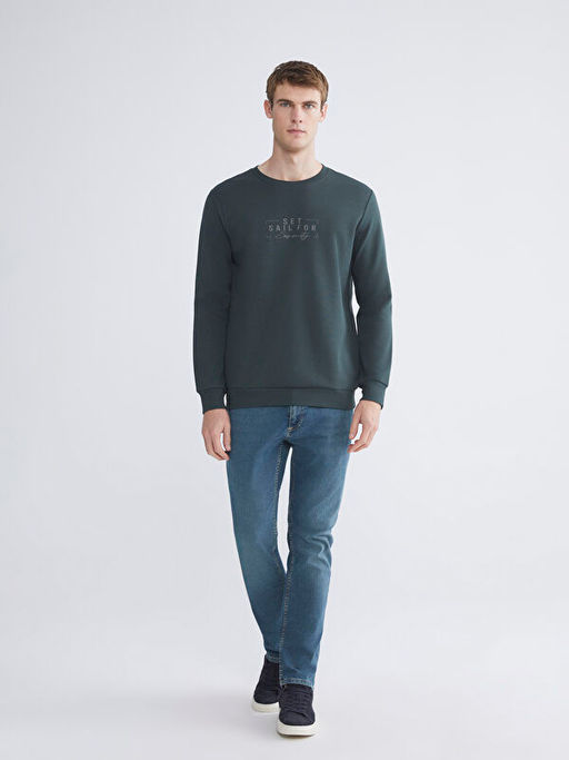 Bisiklet Yaka Bask?l? Erkek Sweatshirt