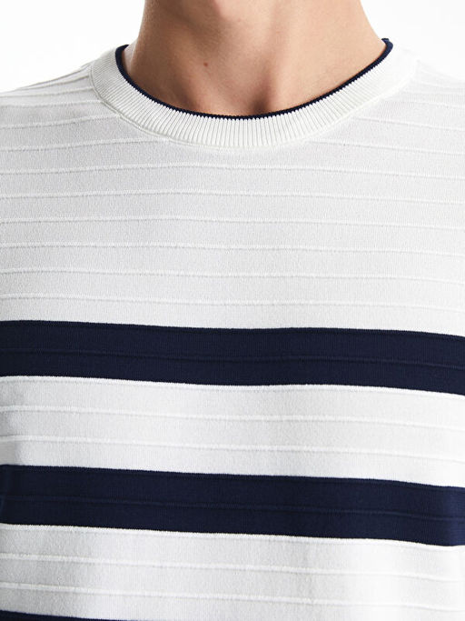 Bisiklet Yaka K?sa Kollu ?izgili Erkek Triko Kazak