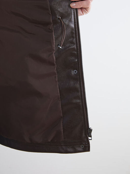 Dik Yaka Oversize Kad?n Deri G?r?n?ml? Mont