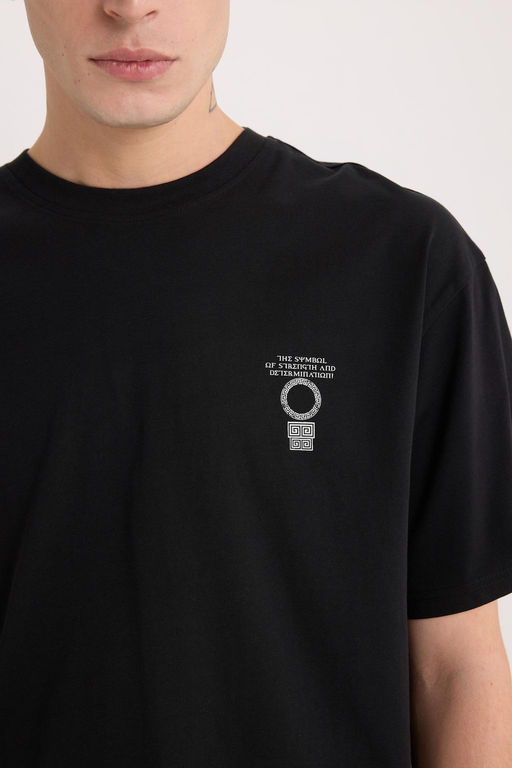 %100 Pamuk Boxy Fit Bisiklet Yaka S_rt Bask_l_ K_sa Kollu Ti__rt