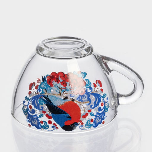 Чайная пара новогодняя Снегири на рябине, 200 мл, блюдце d=13 см, стекло, прозрачная