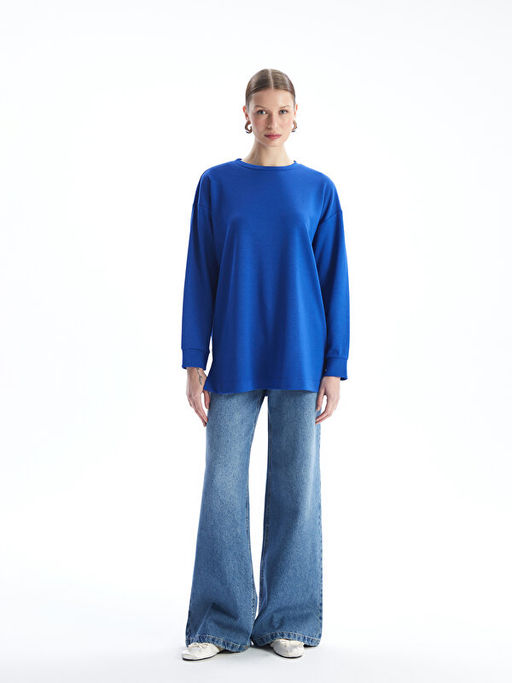 Bisiklet Yaka D?z Oversize Kad?n Sweatshirt Tunik