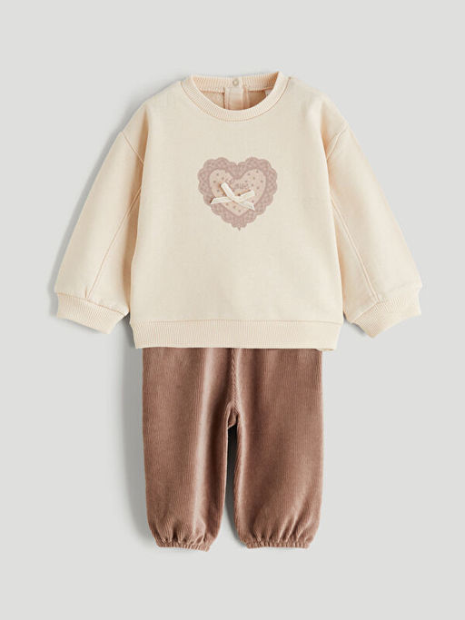 K?z Bebek Bask?l? Sweatshirt ve Kadife Pantolon 2li