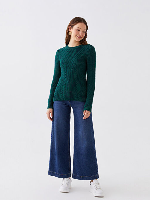 Bisiklet Yaka Ajurlu Uzun Kollu Kad?n Triko Kazak