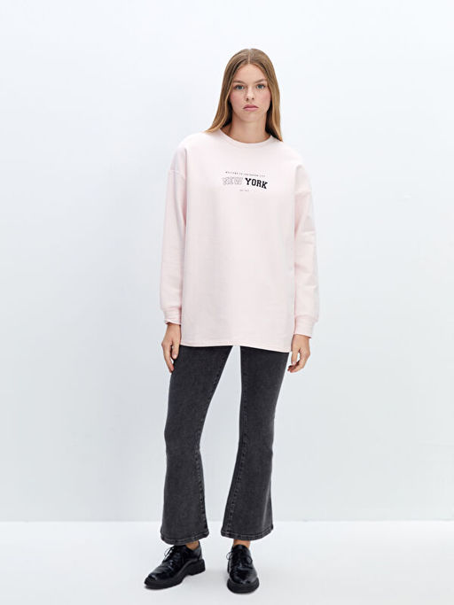 Bisiklet Yaka Bask?l? Oversize Kad?n Sweatshirt Tunik