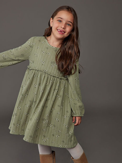 Bisiklet Yaka Uzun Kollu ?i?ek Desenli K?z ?ocuk Elbise