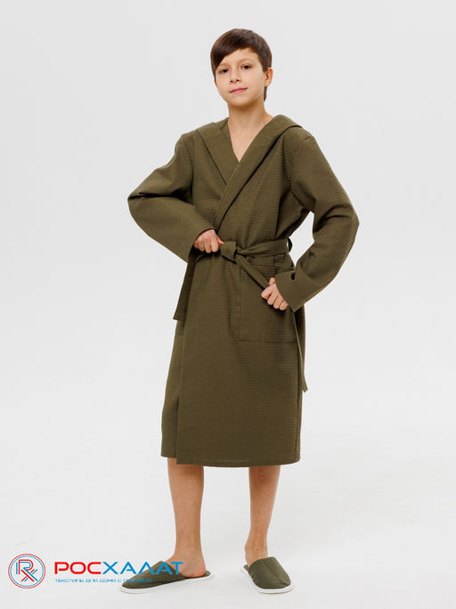 Подростковый вафельный халат с капюшоном хаки В-18 (26)