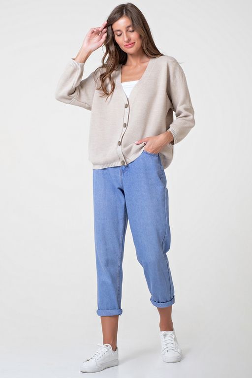 Джемпер вязаный оверсайз на пуговицах из хлопка бежевый меланж