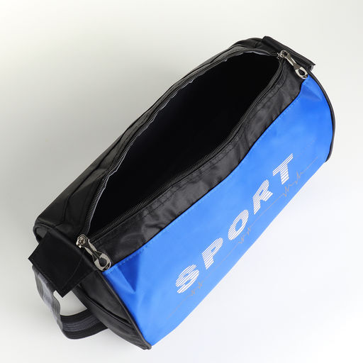 Сумка спортивная, маленькая, боковой сетчатый карман, на молнии, регулируемый ремень, чёрная, синяя