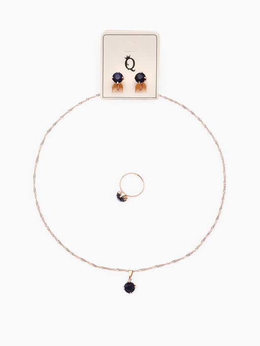 Гарнитур 3 предмета: серьги, кулон, кольцо безразмерное Эдель бусинка, цвет синий в золоте, 45 см