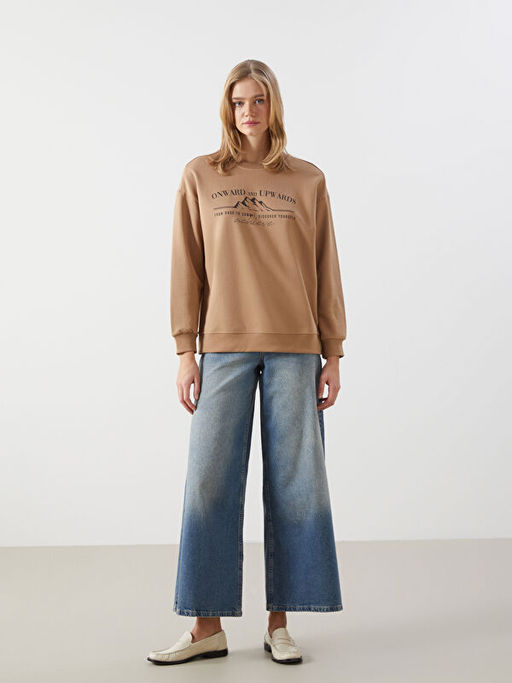 Bisiklet Yaka Bask?l? Oversize Kad?n Sweatshirt