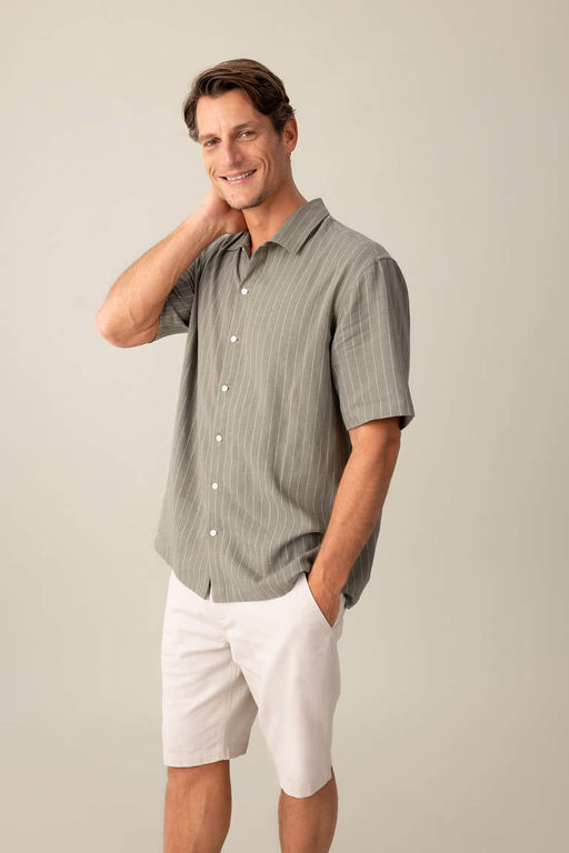 Льняная рубашка в полоску с короткими рукавами и воротником-поло Relax Fit - Defacto фото 3