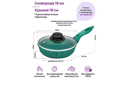 Сковорода глубокая 18 см ГАРМОНИЯ ВКУСА Изумруд С КРЫШКОЙ ф18, н/р, 33,5*19*10 см - Elan gallery фото 2