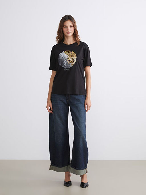 Bisiklet Yaka Bask?l? Oversize Kad?n Ti??rt