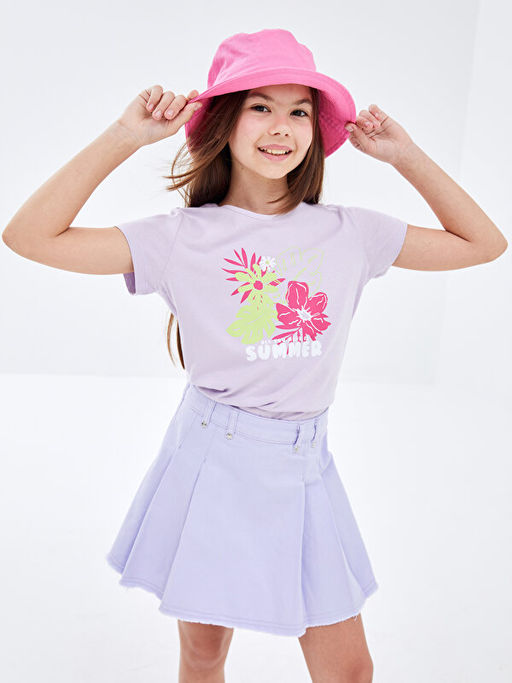 Bisiklet Yaka Bask?l? K?sa Kollu K?z ?ocuk Ti??rt - Waikiki фото 3