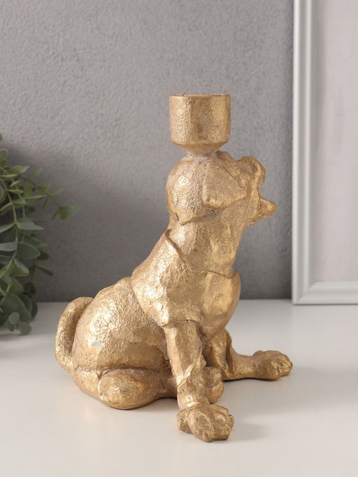Подсвечник на 1 свечу «Шарж. Зевающий щенок», полистоун, золото, 15.8×15.3×20 см