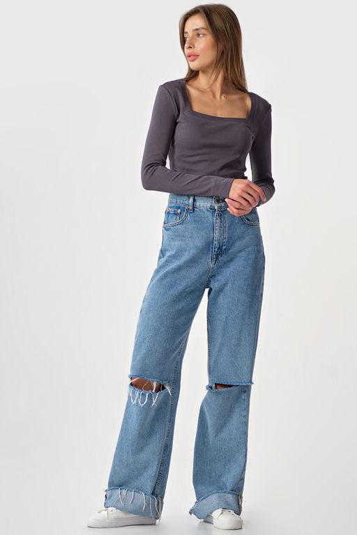 Лонгслив трикотажный с квадратным вырезом из хлопка хаки - Fly фото 11