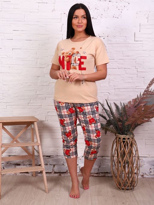 Пижама с бриджами, принт Мишки, бежевый (817-2)