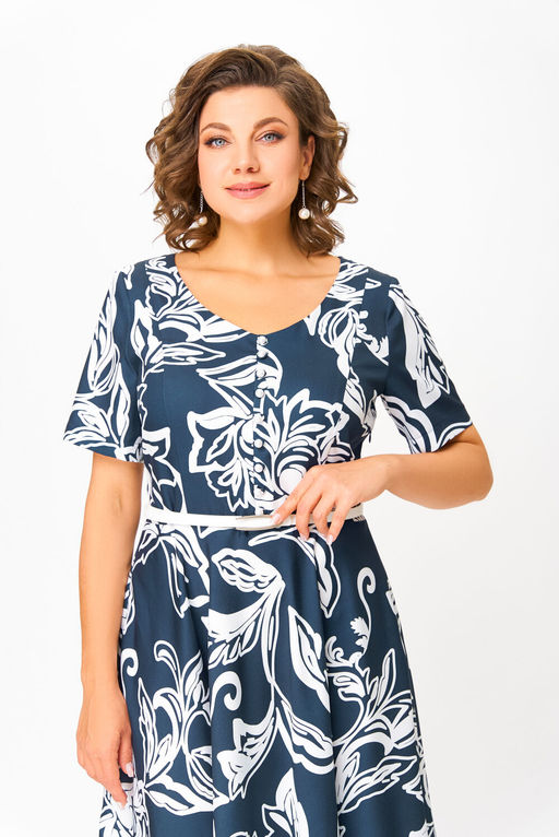Платье Swallow 856 глубинно--синий в белый принт цветы  фото 3