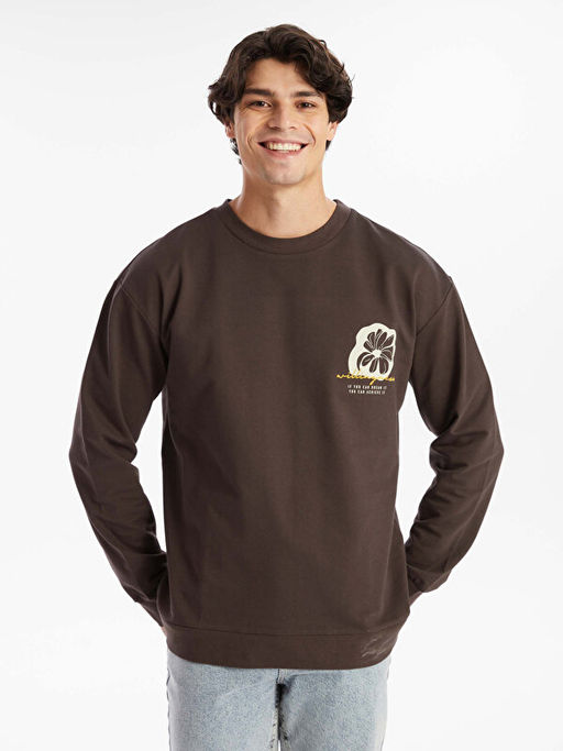 Bisiklet Yaka Uzun Kollu Bask?l? Erkek Sweatshirt